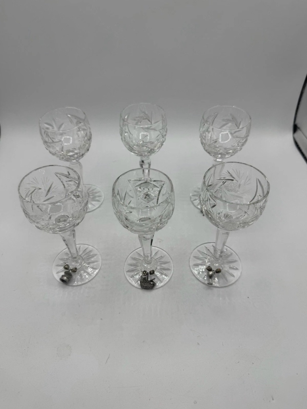 Etched Crystal Cordial Glasses 4 oz Hand-Cut Star & Pinwheel Set of 6 Vintage